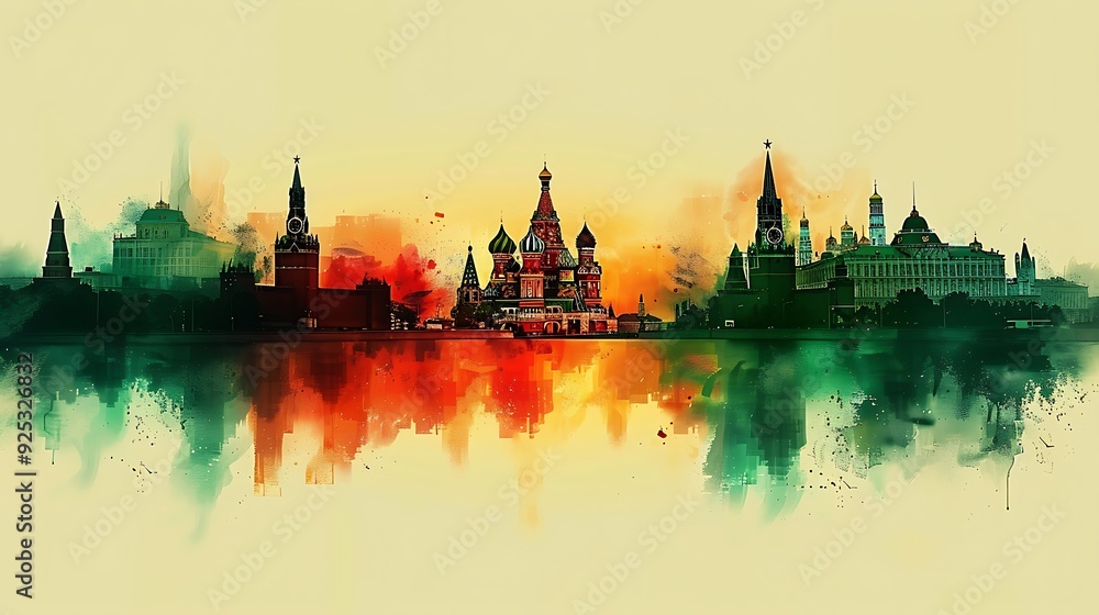 Develop a watercolor illustration of the Russian flag in soft hues, with the silhouette of Moscow’s landmarks, including the Kremlin and St. Basil's Cathedral,