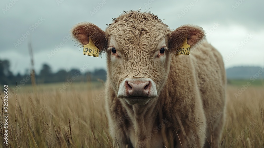 A close-up of a young cow with a tag in its ear, standing in a field of tall grass. A close-up of a young cow with a tag in its ear, standing in a field of tall grass.