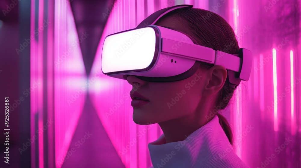 Woman Wearing VR Headset in Neon Lit Room Woman Wearing VR Headset in Neon Lit Room