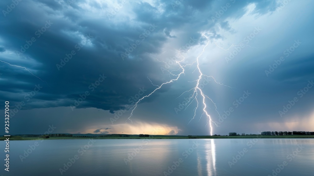 A stormy sky with a lightning bolt and a calm lake A stormy sky with a lightning bolt and a calm lake
