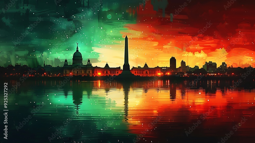 Naklejka premium Illustrate a watercolor piece where the Argentine flag forms the background, with a silhouette of Buenos Aires’s landmarks, highlighting the Obelisk and the Casa Rosada under a serene evening sky,