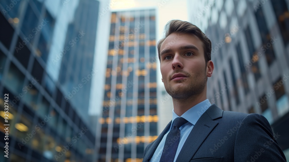 A confident businessman in a suit stands among city skyscrapers, embodying corporate success and modern urban life. A confident businessman in a suit stands among city skyscrapers, embodying corporate success and modern urban life.