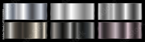 A set of dark silver and black metallic gradients on a black background. Metallic gradient effects for the design of text and bulletin boards, infographics. Metal banner. Vector illustration.