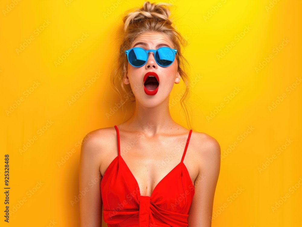 A young woman posing for a selfie in sunglasses and a red, off-the-shoulder dress against a bright yellow background. A young woman posing for a selfie in sunglasses and a red, off-the-shoulder dress against a bright yellow background.