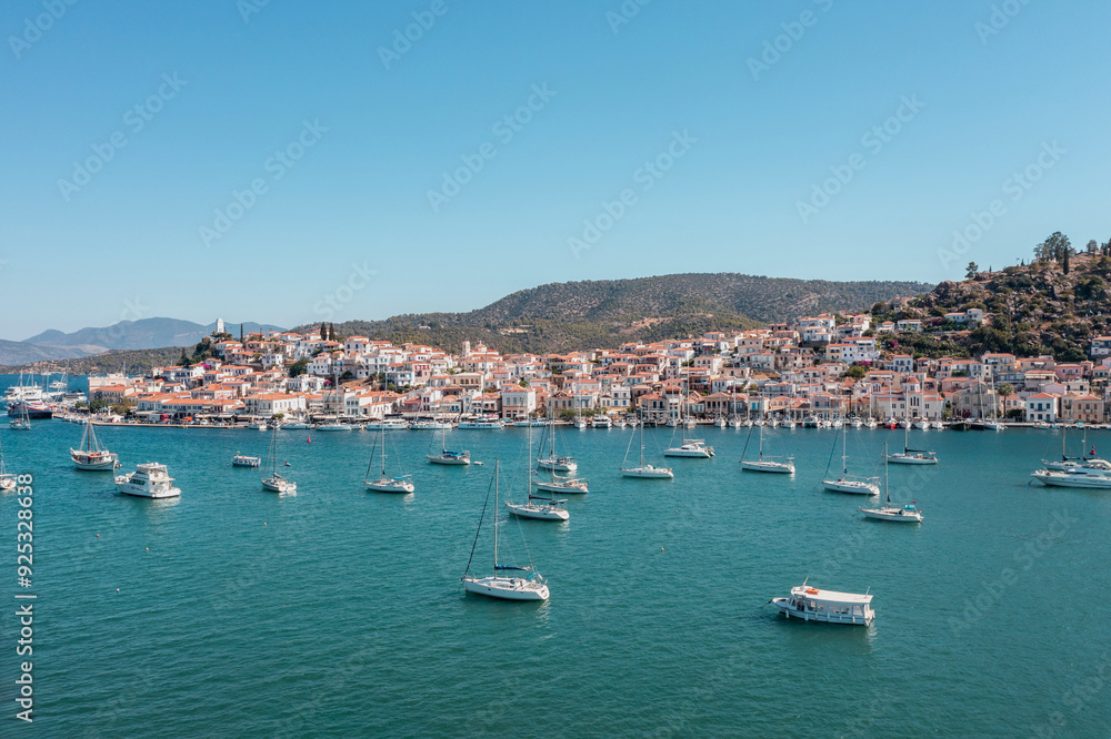 Greece, Aerial drone view of Poros island in Saronic gulf, Peloponnese, Greece, Aerial drone view of Poros island in Saronic gulf, Peloponnese,