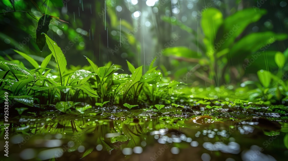 A close-up of a rainforest floor during a downpour, with vibrant green plants and small puddles reflecting the dense jungle canopy. A close-up of a rainforest floor during a downpour, with vibrant green plants and small puddles reflecting the dense jungle canopy.