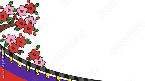 花札の桜に幕をイメージした背景イラスト_16:9