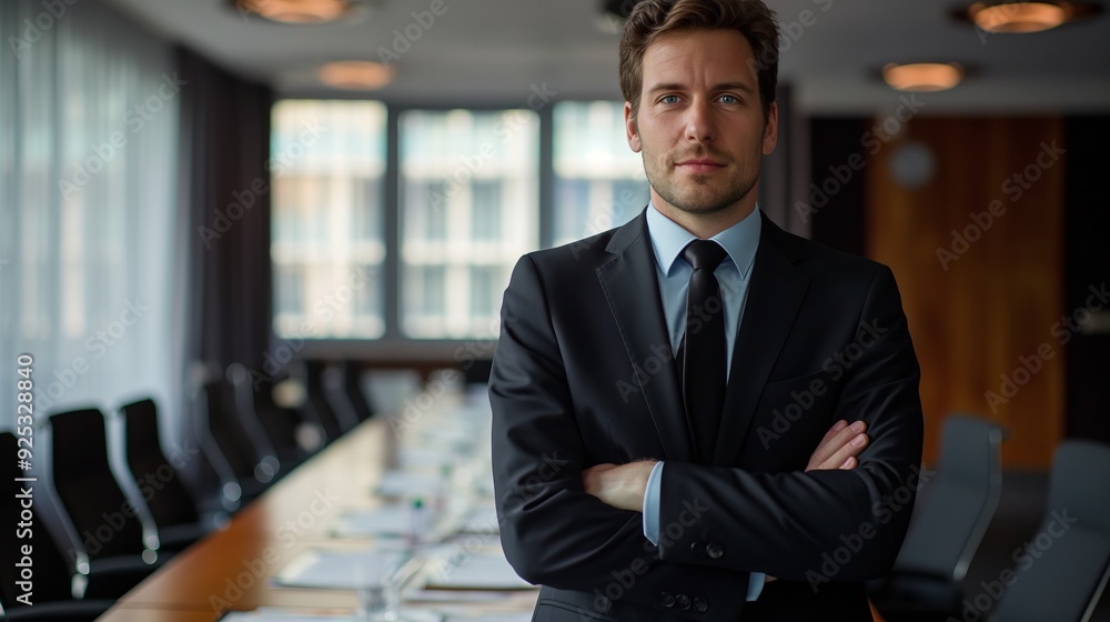 Fototapeta premium A professional man in a suit, with crossed arms, standing confidently in a modern boardroom setting, representing corporate leadership.