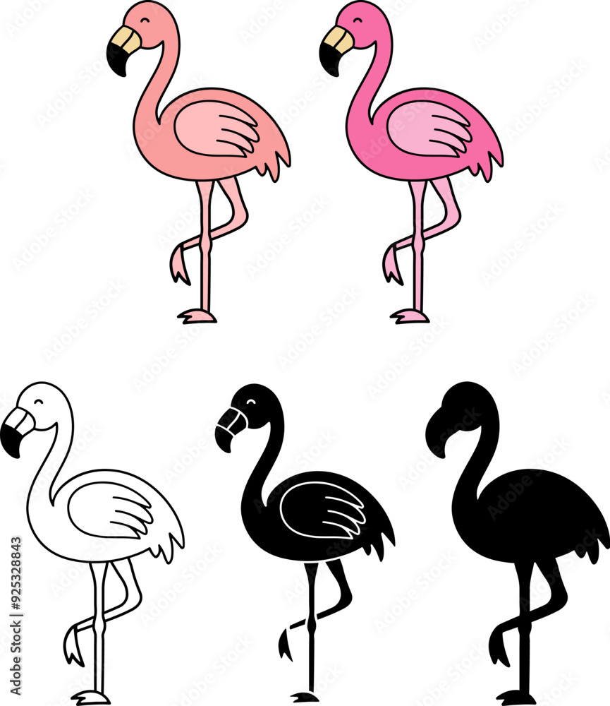 Obraz premium Cute Cartoon Pink Flamingo Clipart Illustration - Isolated Outline, Silhouette and Color