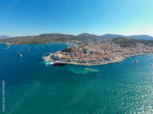 Fototapeta Naklejka Na Ścianę i Meble -  Greece, Aerial drone view of Poros island in  Saronic gulf, Peloponnese,