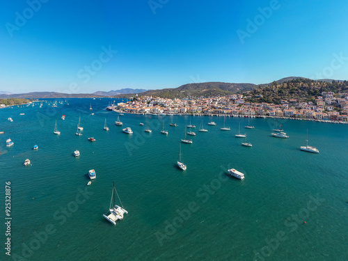 Fototapeta Naklejka Na Ścianę i Meble -  Greece, Aerial drone view of Poros island in  Saronic gulf, Peloponnese,