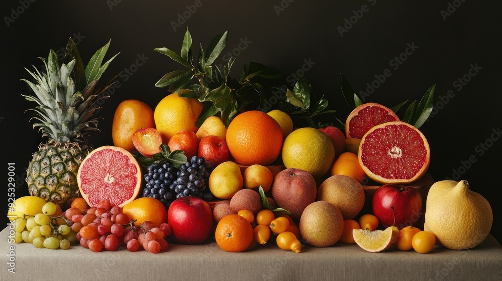 A Still Life of Vibrant Citrus Fruits, Grapes, and Pineapple A Still Life of Vibrant Citrus Fruits, Grapes, and Pineapple