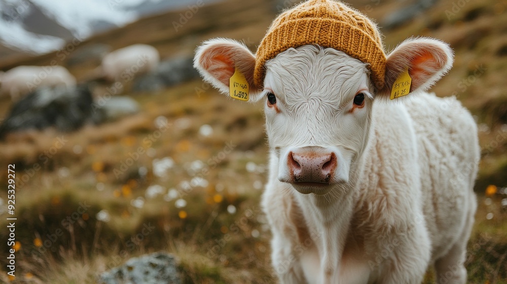 A joyful calf stands in vibrant greenery, wearing a knitted hat, basking under the warm sun while surrounded by blooming flowers and stunning mountain views