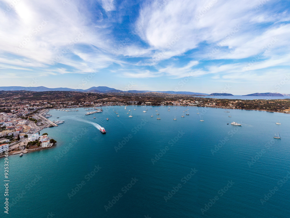 Fototapeta premium Greece, Aerial drone view of Porto Cheli, a summer resort town in Argolis, Peloponnese