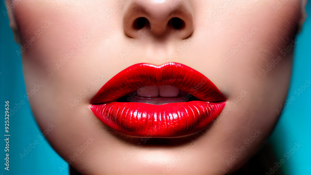 Glamor portrait of lips: Sensuality and beauty in bright red makeup on a pale blue background Glamor portrait of lips: Sensuality and beauty in bright red makeup on a pale blue background