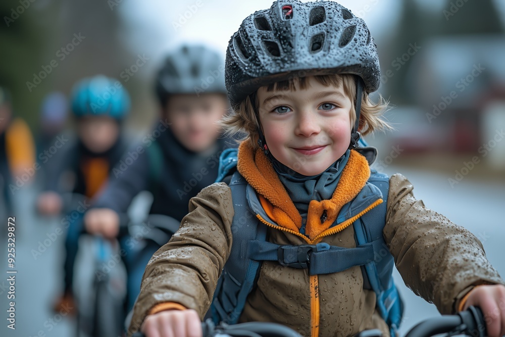 Young cyclist smiles while riding on a rainy day with friends in a rural setting Young cyclist smiles while riding on a rainy day with friends in a rural setting