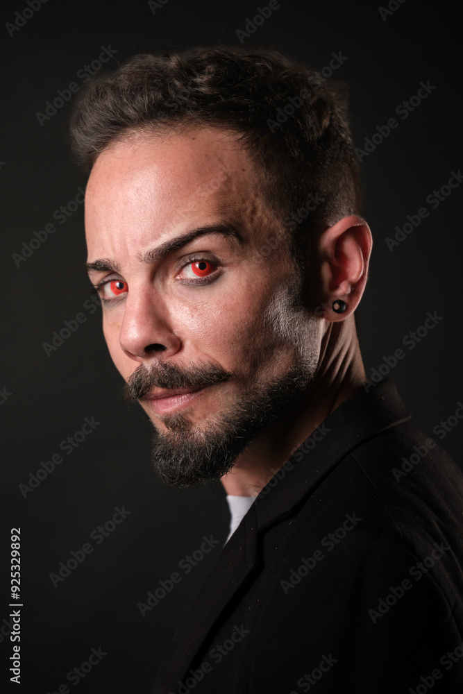 Mysterious Man with Red Eyes in Dark Ambience and red contact lenses Mysterious Man with Red Eyes in Dark Ambience and red contact lenses