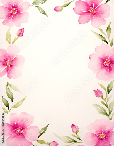Watercolor floral pattern. Abstract frame of blooming pink flowers on white watercolor paper background for design, card, flyer, poster, invitation, notebook, planner, brochure, book, catalog.