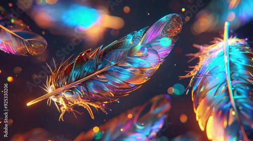 Wallpaper Mural A composition of floating feathers, each feather intricately detailed and glowing with iridescent colors. Torontodigital.ca