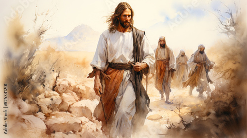 Jesus leading disciples in desert