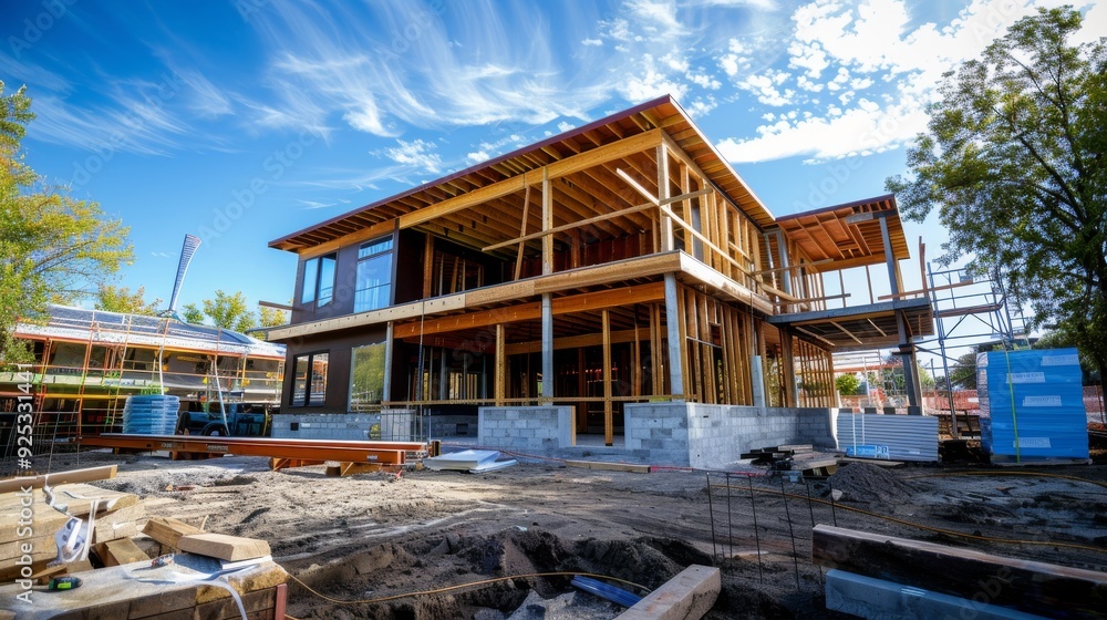Modern House Under Construction: Framing and Foundation Modern House Under Construction: Framing and Foundation