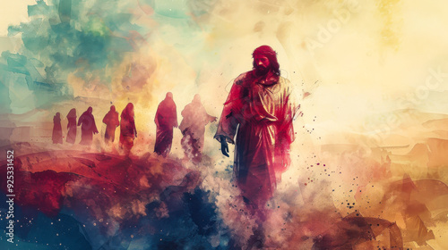 Jesus leading a group of disciples through a misty landscape with colorful abstract elements