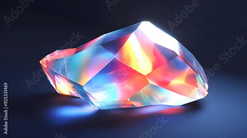 A single, iridescent, faceted crystal sits on a dark blue background. photo