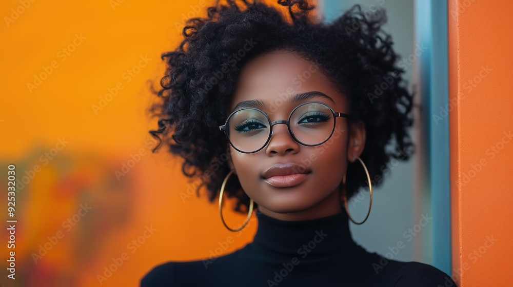 Close-up of an African American woman with short hair wearing glasses Close-up of an African American woman with short hair wearing glasses