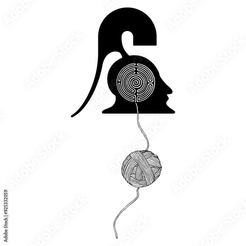 Helmeted head of ancient Greek man, round spiral maze or labyrinth symbol and a yarn ball. Ariadne's thread. Theseus. Mythological symbol. Creative philosophical concept. Black and white silhouette.