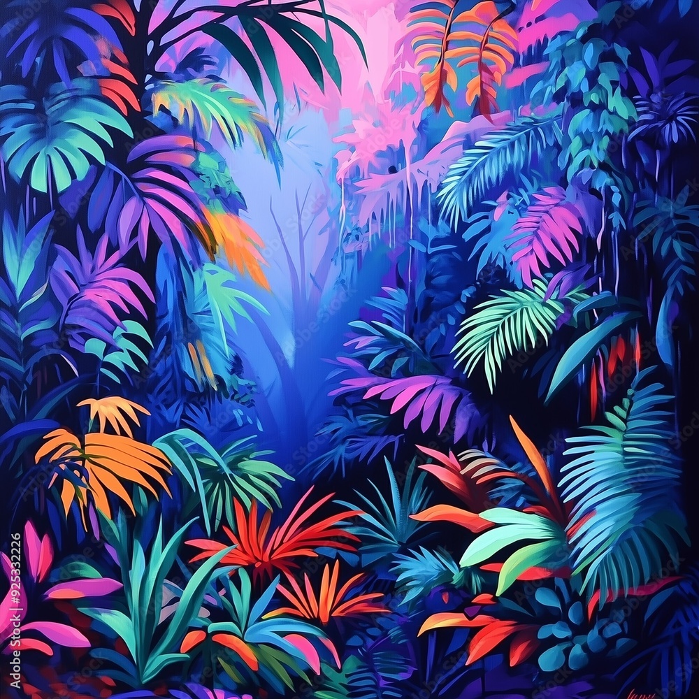 Vibrant jungle scene with colorful foliage and deep shadows Vibrant jungle scene with colorful foliage and deep shadows