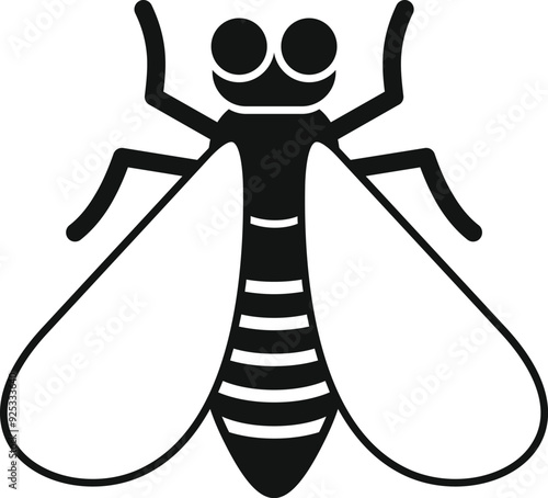 Simple vector icon of an insect with striped body and big eyes spreading its wings