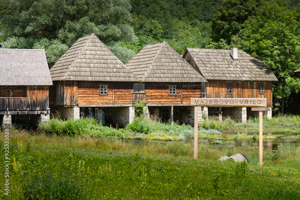 Majerovo Vrilo, beautiful wooden mill houses on the spring of Gacka river, Croatia, one of the last mills preserved in this mountain region Majerovo Vrilo, beautiful wooden mill houses on the spring of Gacka river, Croatia, one of the last mills preserved in this mountain region
