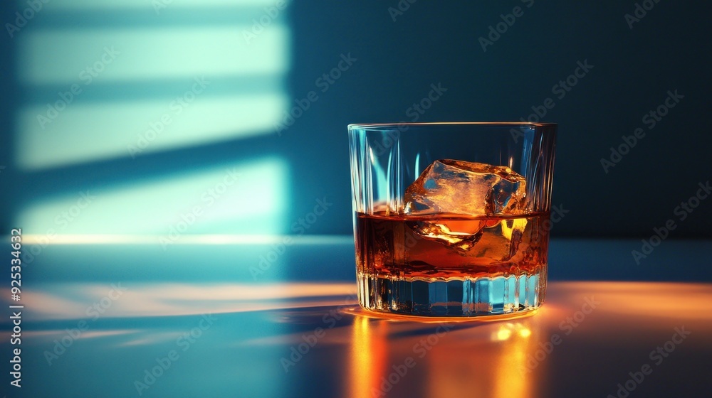 A Glass of Whiskey with Ice on a Tabletop in Warm Lighting A Glass of Whiskey with Ice on a Tabletop in Warm Lighting