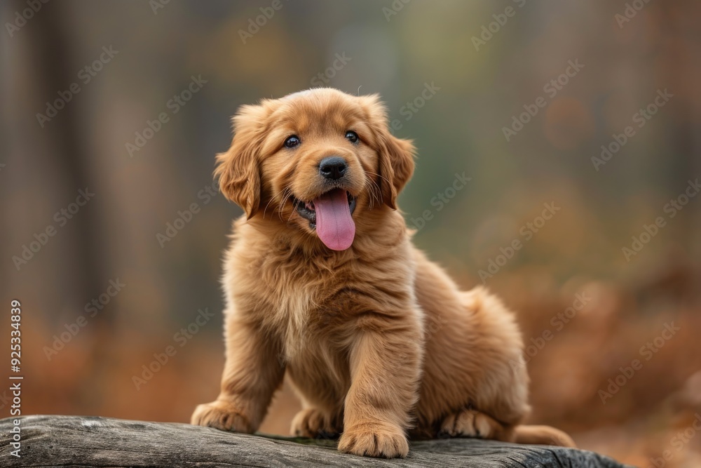 A young golden retriever puppy enjoying the outdoors with its paw on a rock in a leafy autumn setting. A young golden retriever puppy enjoying the outdoors with its paw on a rock in a leafy autumn setting.