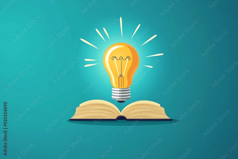 An illuminated light bulb above an open book, symbolizing knowledge, ideas, and inspiration in a creative design. An illuminated light bulb above an open book, symbolizing knowledge, ideas, and inspiration in a creative design.
