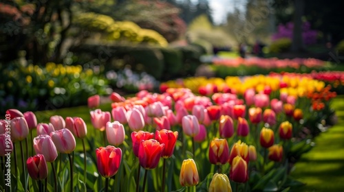 Vibrant Spring Tulips in a Lush Garden