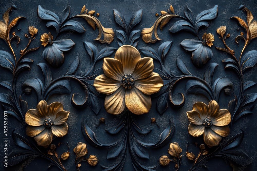 Fototapeta premium opulent golden floral patterns on dark background intricate 3d details with metallic sheen baroqueinspired luxury design
