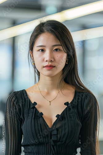 a asian girl standing in office with blurred background, real face, generative ai