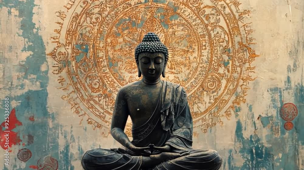 A serene Buddha figure in a meditative pose is set against a beautifully crafted wall featuring ornate designs. A serene Buddha figure in a meditative pose is set against a beautifully crafted wall featuring ornate designs.