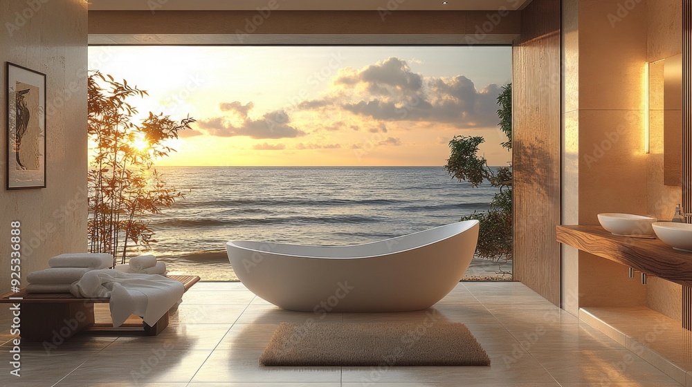 Fototapeta premium Luxury bathroom with ocean view at sunset - generative ai