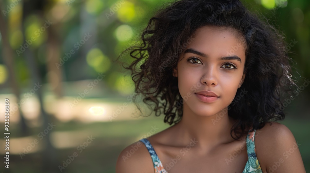 A young woman with curly hair smiles in a natural setting, highlighting beauty, joy, and the bliss of being in a serene environment. A young woman with curly hair smiles in a natural setting, highlighting beauty, joy, and the bliss of being in a serene environment.