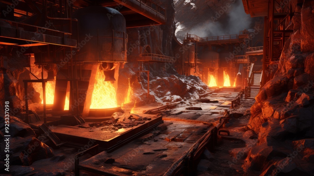 Blast furnace smelting liquid steel in steel mills. Neural network ai generated art Blast furnace smelting liquid steel in steel mills. Neural network ai generated art