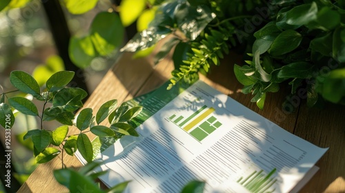 Detailed view of a green business plan document with charts on eco-friendly product sales #925337206