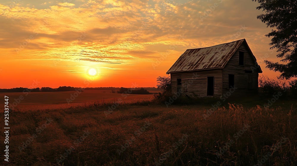 A lone, weathered wooden shack sits in a field at sunset, with the sun shining through the clouds and casting an orange glow over the landscape. A lone, weathered wooden shack sits in a field at sunset, with the sun shining through the clouds and casting an orange glow over the landscape.