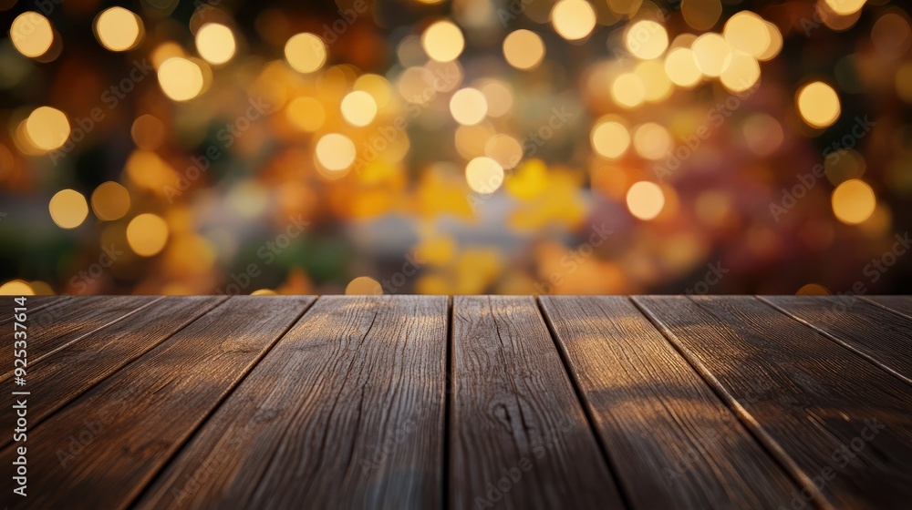 Empty dark wood table top with blurred bright Thanksgiving background. AI generated Empty dark wood table top with blurred bright Thanksgiving background. AI generated