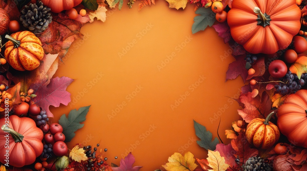 Fototapeta premium Festive Autumn Pumpkin Leaf and Fruit Border of happy thanksgiving day text