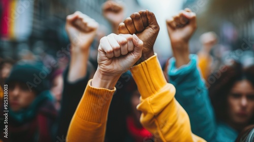 Picture of people raise hand in revolution to change society and get equality. Conflict of woke activist protest for justice in political policy. Teamwork of protester fight against injustice . AIG53.