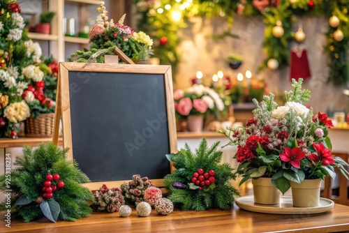 Christmas flower arrangement with blank chalkboard sign for your text