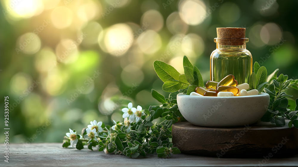 Herbal Supplements and Essential Oils with Fresh Herbs on Natural Background Herbal Supplements and Essential Oils with Fresh Herbs on Natural Background