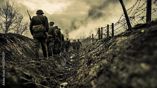 Soldiers of World War I walking in trenches photo